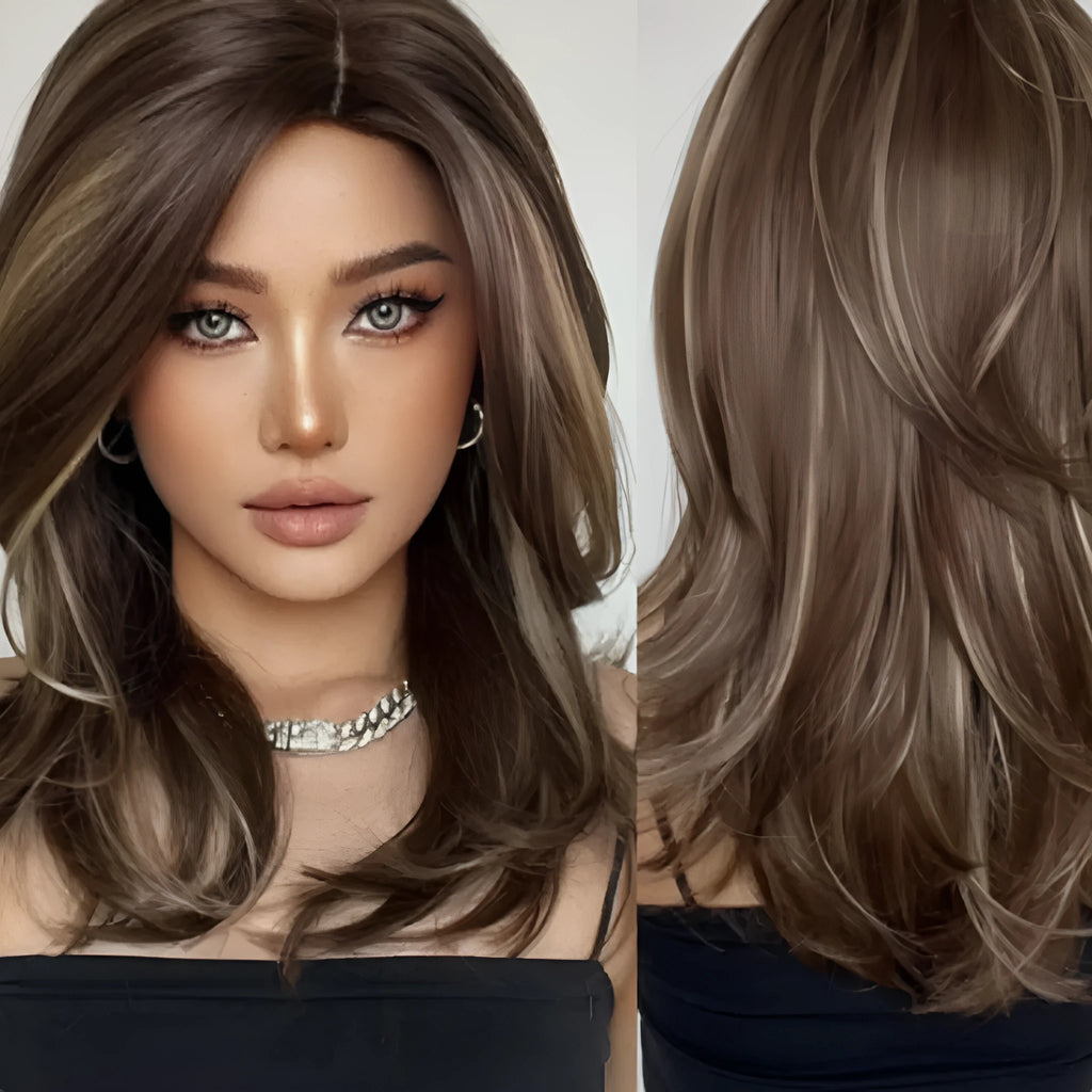Mid-length platinum gradient colour wig with long curly hair and bangs in synthetic high-temperature fibre