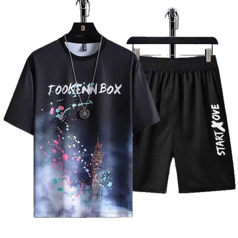 Men's polyester summer shorts suit set with short sleeve top in sports leisure style
