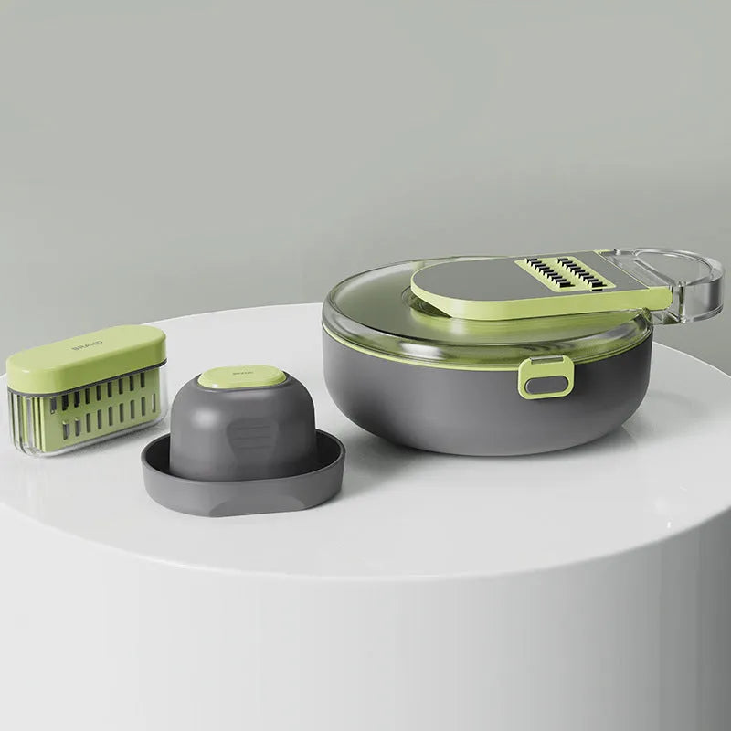 Multifunctional vegetable cutter set with 8 knives, storage box, and hand protector in grey or white