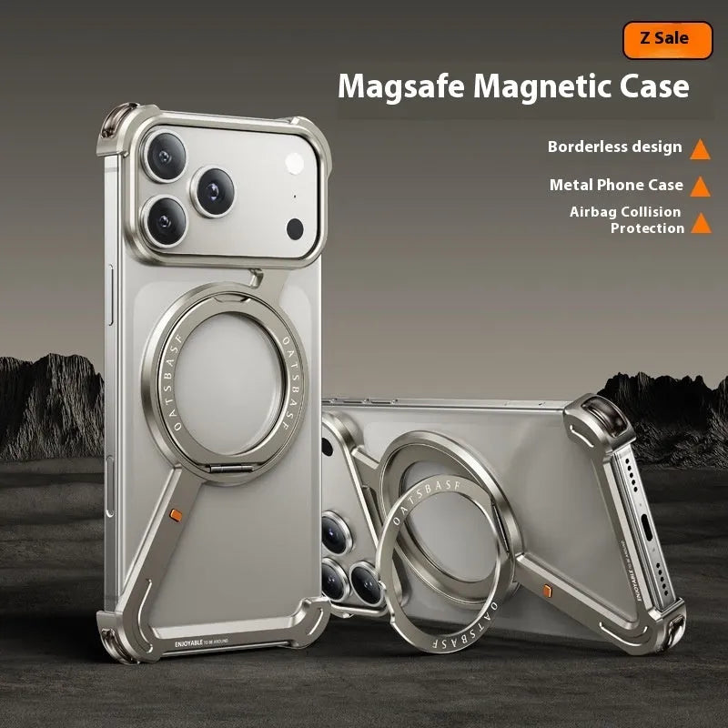 iPhone 17 Pro Max metal phone case with magnetic bracket attachment in black colour