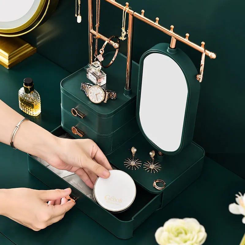 Light luxury cosmetics storage box with mirror in Pearl White, 27x17x18cm plastic desktop organiser