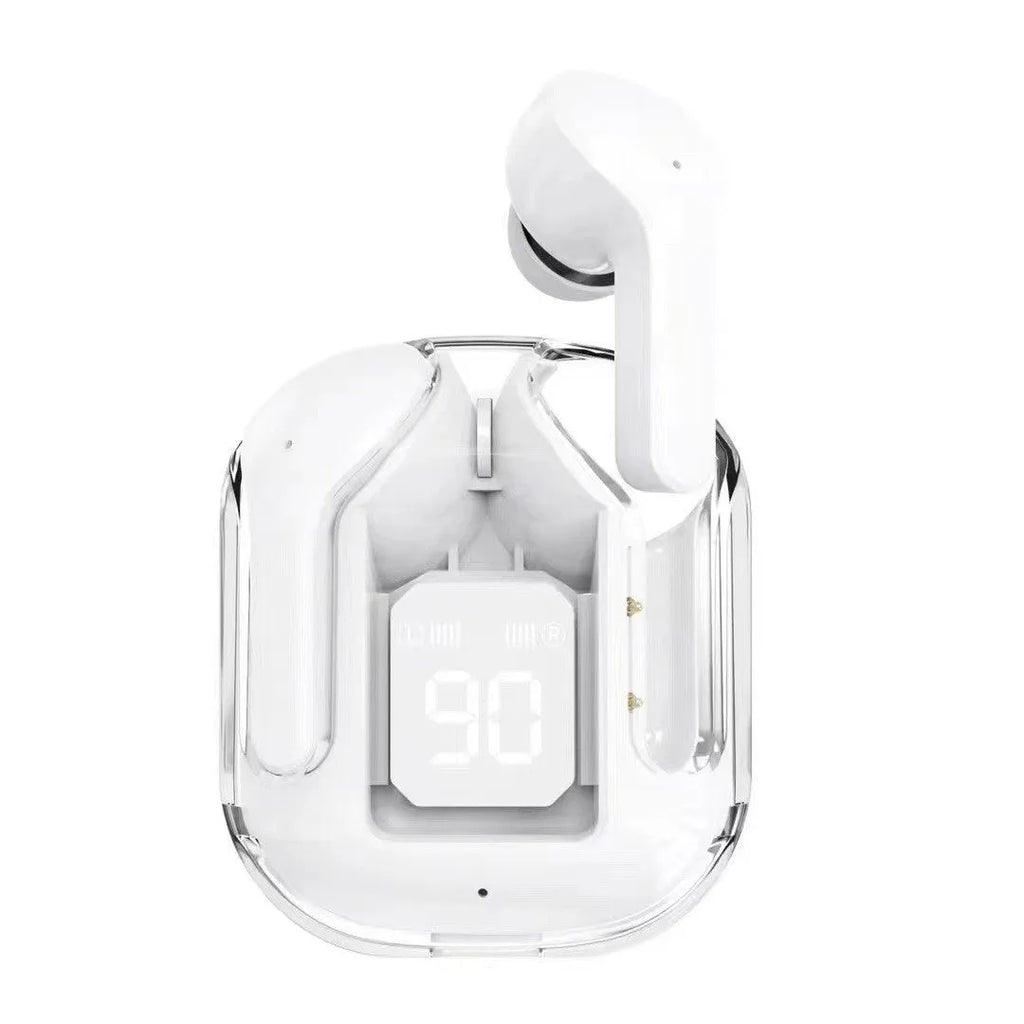 Transparent space capsule case showing true wireless Bluetooth earbuds with digital battery display