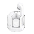 Transparent space capsule case showing true wireless Bluetooth earbuds with digital battery display