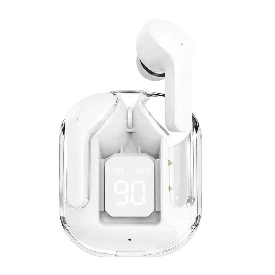 Transparent space capsule case showing true wireless Bluetooth earbuds with digital battery display