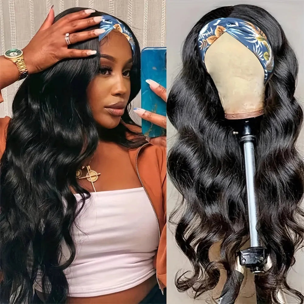 Headband wig with pre-attached headscarf in high temperature fibre hair