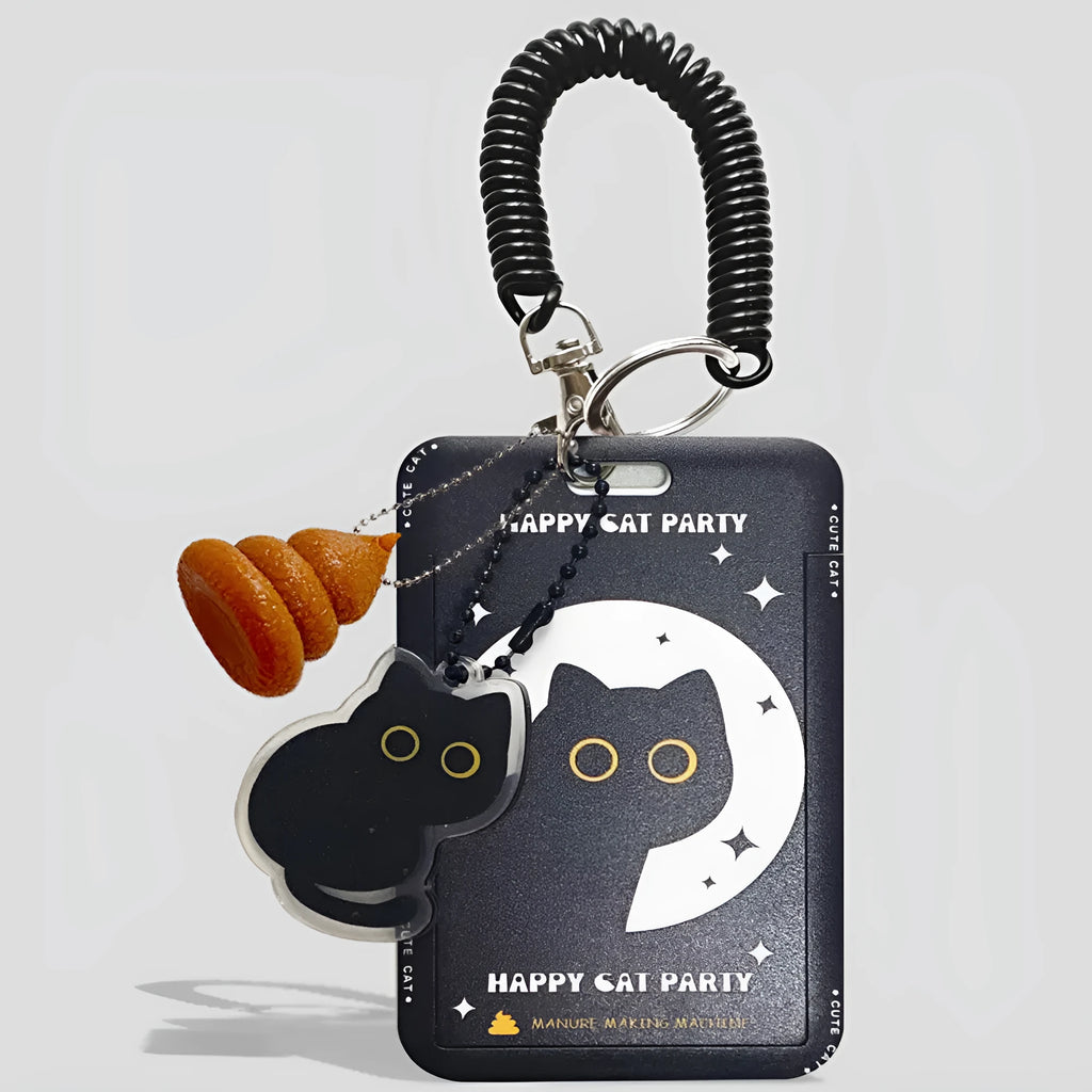 Plastic card holder with cartoon black cat design and a metal ferrule pendant attached.