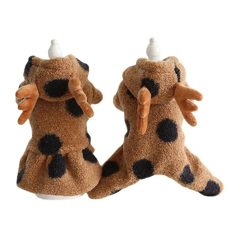 Dog or cat wearing polka dot clothing with an elk couple design, showing skirt and four-legs style options.