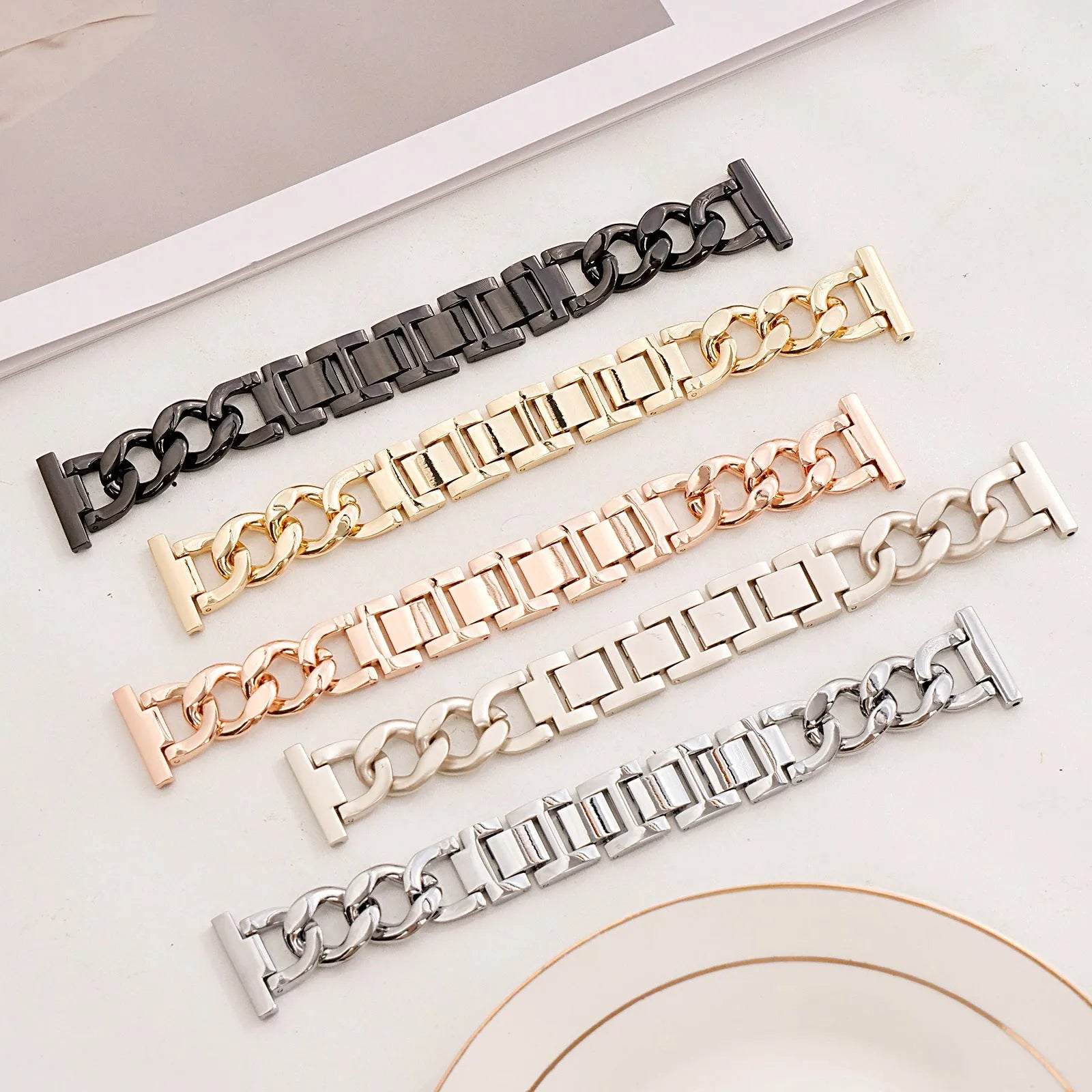Metal denim chain Apple Watch replacement strap in silver, black, gold, rose gold, and Starlight colours for 38-49mm cases