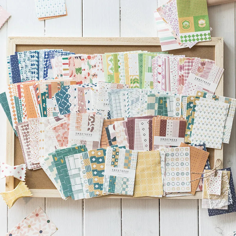Pack of 50 retro dessert-themed collage note papers in ten colours including caramel puff and blueberry wood sauce.