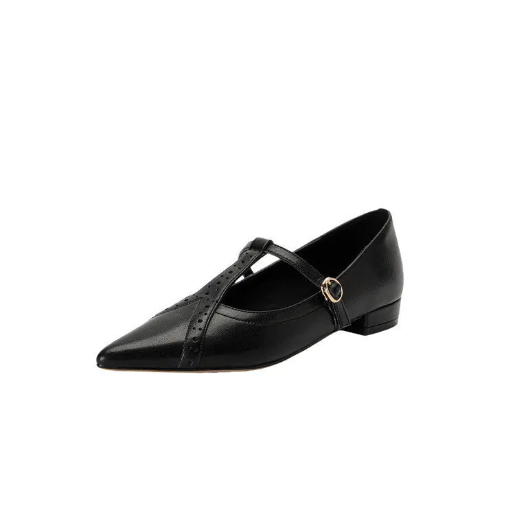 Brown cowhide leather pointed toe women's flat shoes with a low cut and mid heel