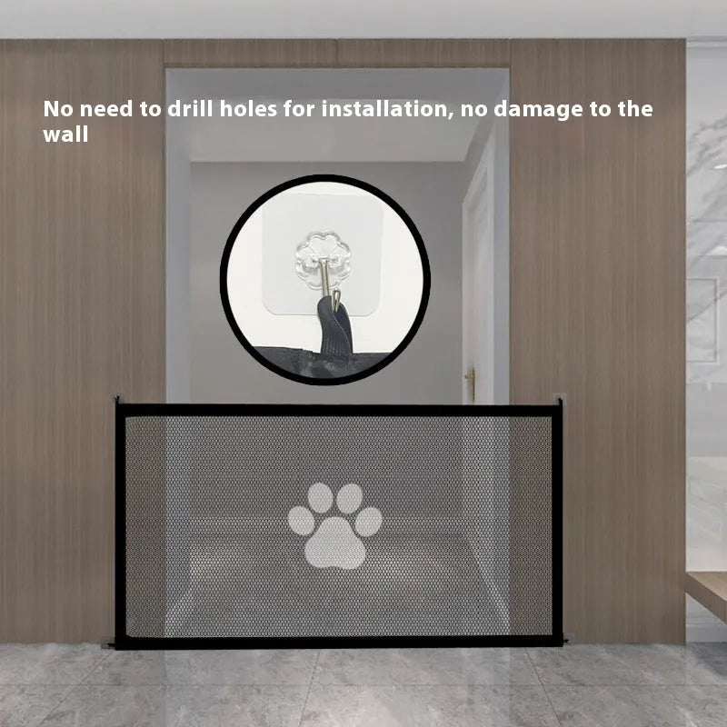 Portable folding dog barrier with cloth construction and plastic rod featuring dog footprint design