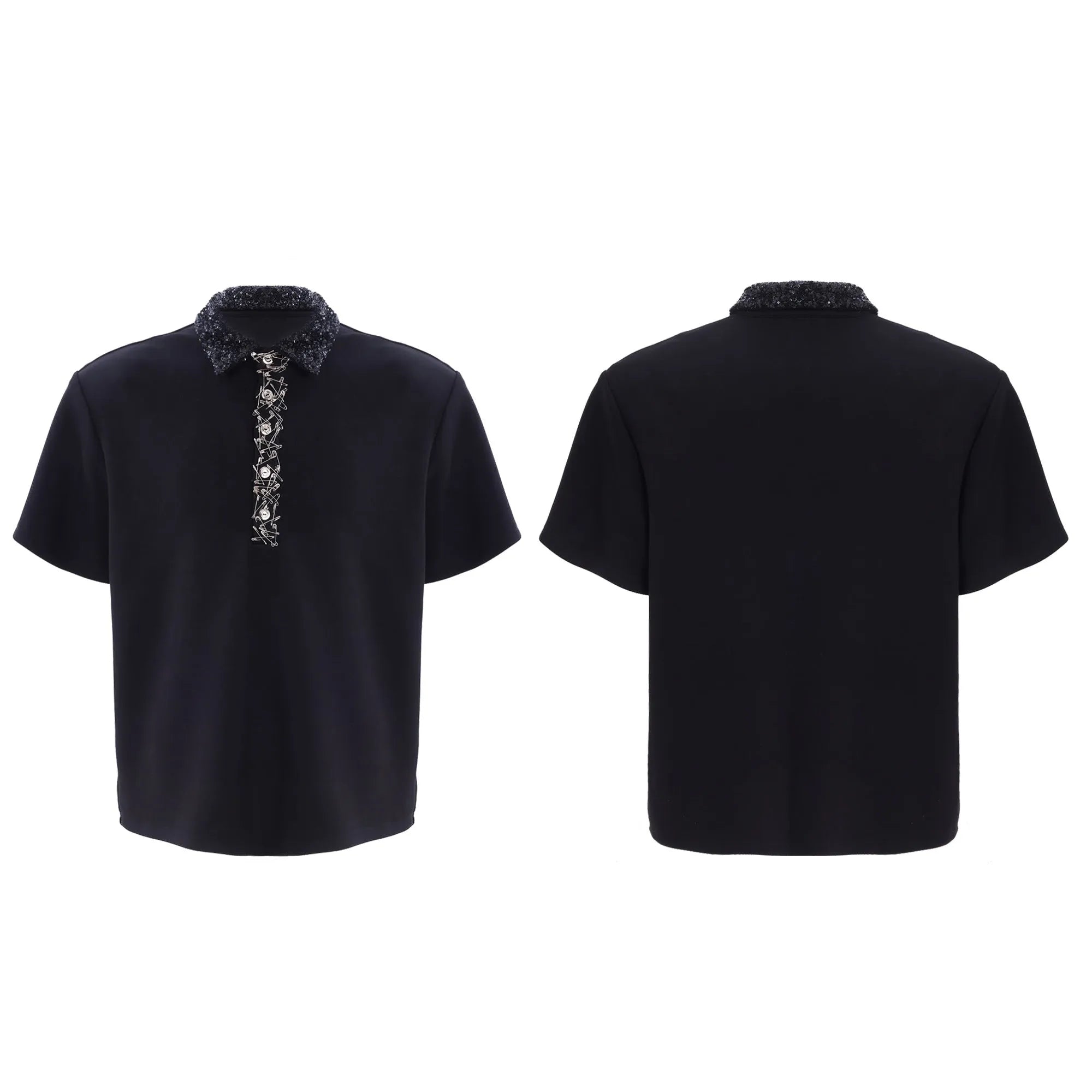 Men's loose fit polo t-shirt with square collar and embroidery detailing in three colour options