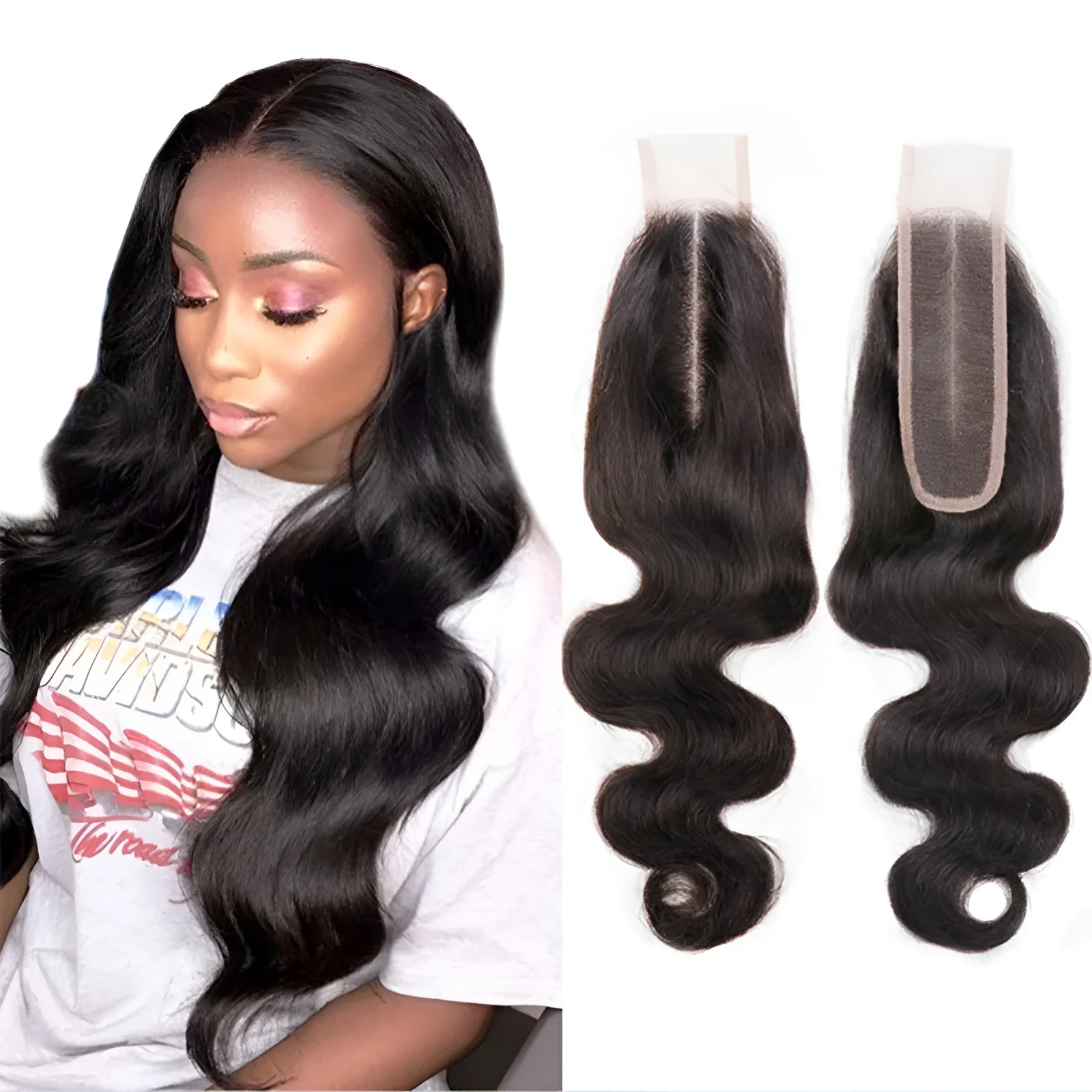 Straight natural colour human hair wig for women shown at medium length.