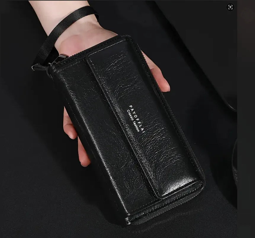 Men's PU leather wallet with multiple card slots in casual long design showing black colour option
