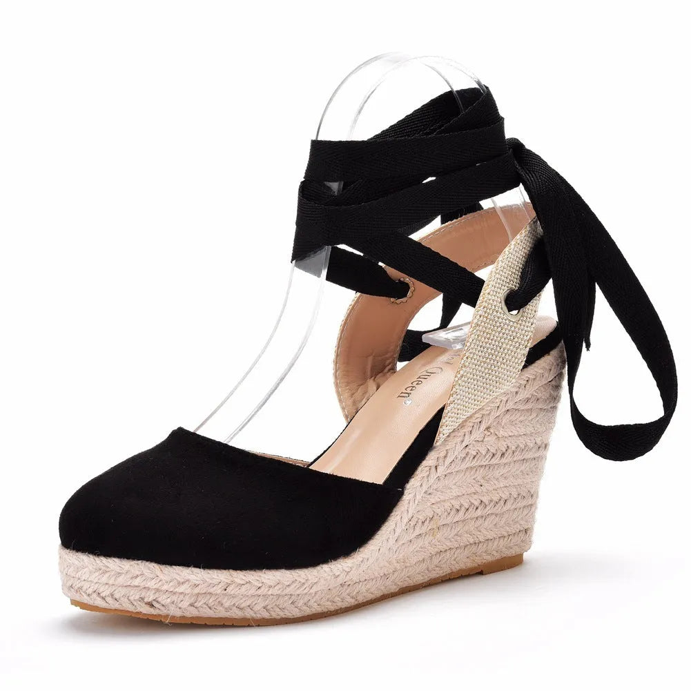 Women's apricot Bohemian wedge sandals with bead details, buckle strap, and a platform sole.