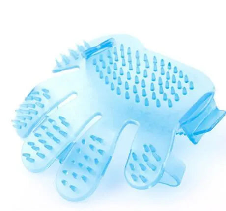 Pet finger grooming brush massage hand brush on a hand, soft rubber bristles, blue colour, for cat or dog bath