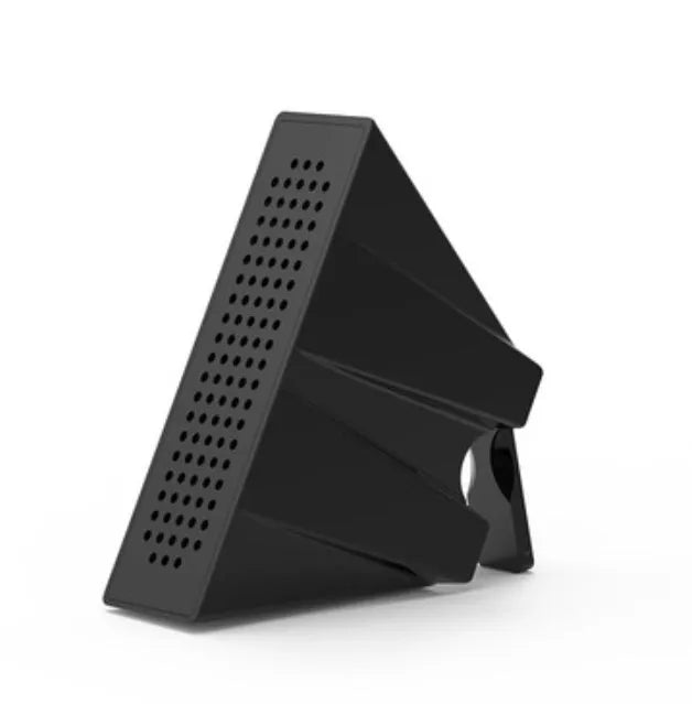 Portable black ABS mobile phone amplifier bracket holding an iPhone on a desk.