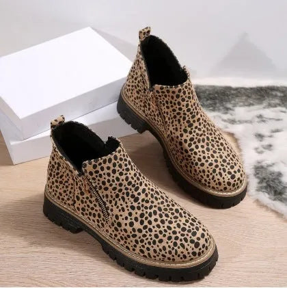 Women's side zipper chunky heel ankle boots in solid colour suede with low tube and round toe