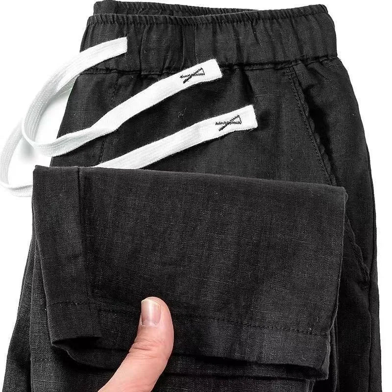 Pure linen Chinese style trousers with drawstring waist in straight leg design
