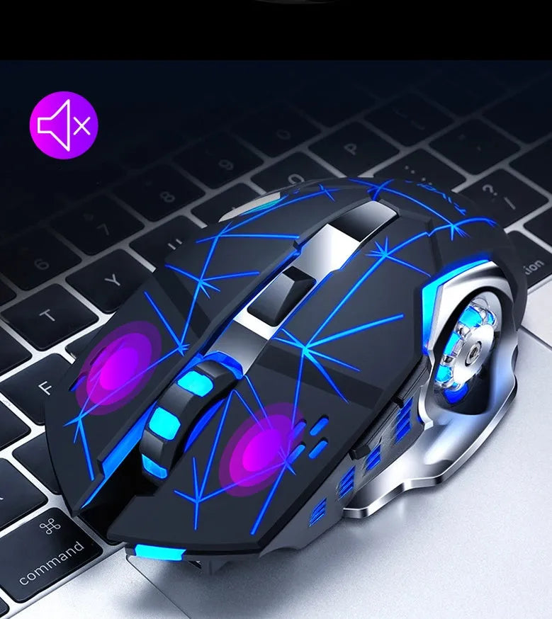 Black and white wireless mouse with USB-C port, six buttons, and silent click design.