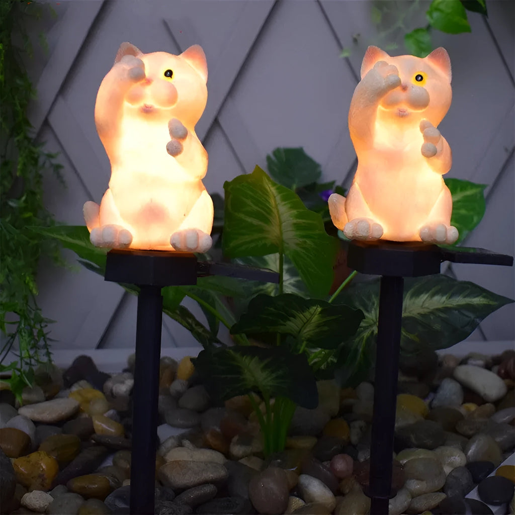 Brown cat-shaped solar lawn light for garden decoration with LED illumination