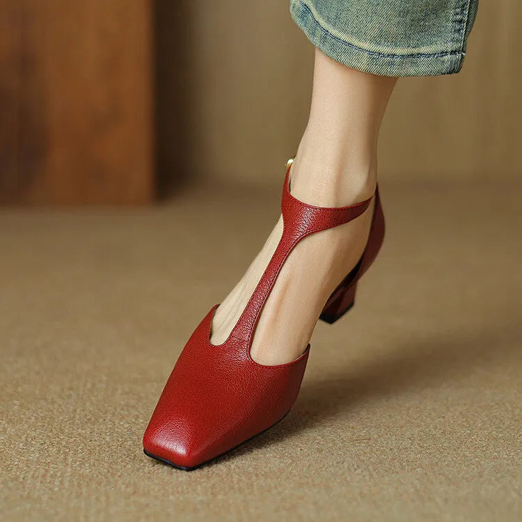 Wine red retro square toe chunky heel sheepskin leather shoes with buckle fastening.