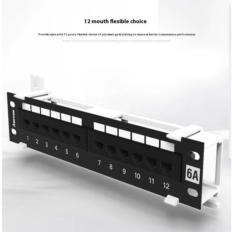 Black 12-port network distribution frame with mounting hardware and routing knife for home cable installations