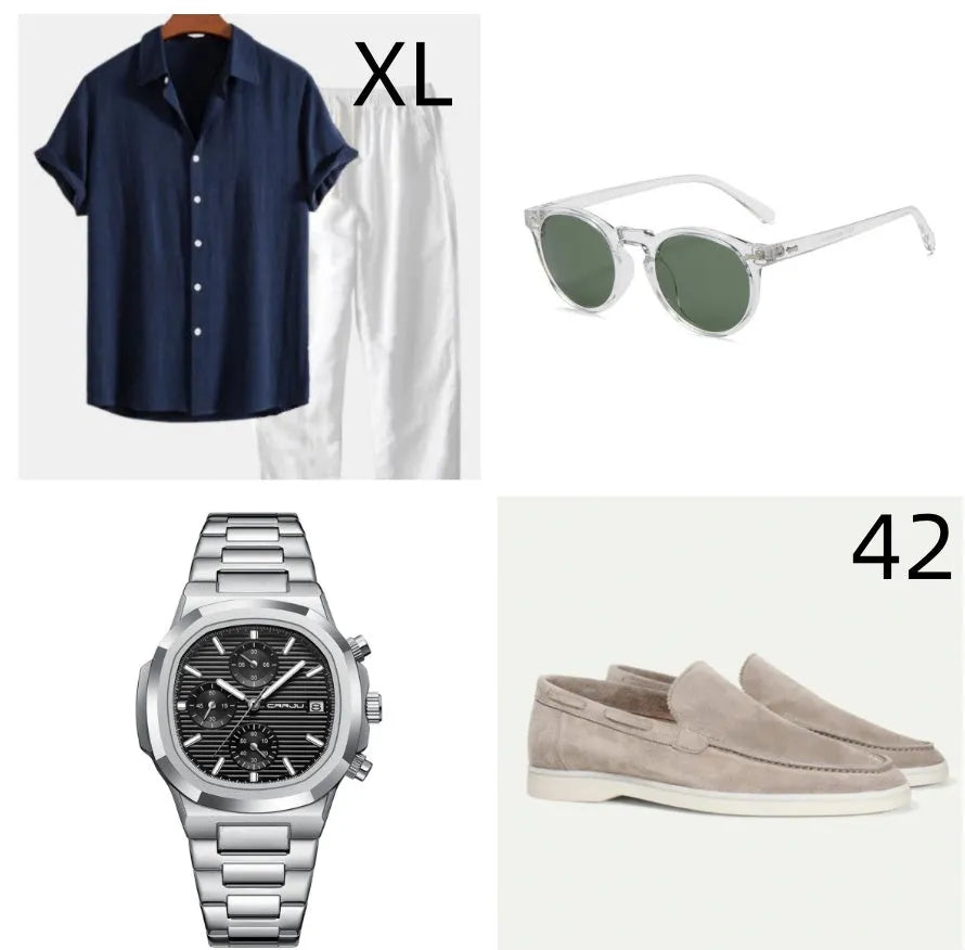 Women's navy blue cotton linen summer suit set with half sleeves, trousers and matching accessories