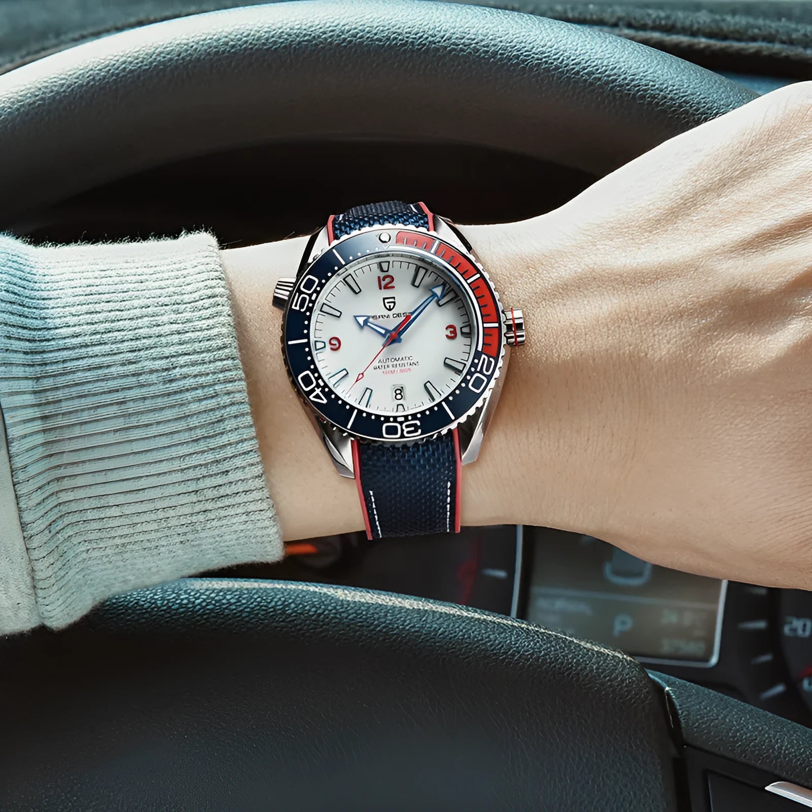 Men's mechanical watch with rotatable digital bezel, luminous dial, synthetic sapphire glass, and nylon rubber strap