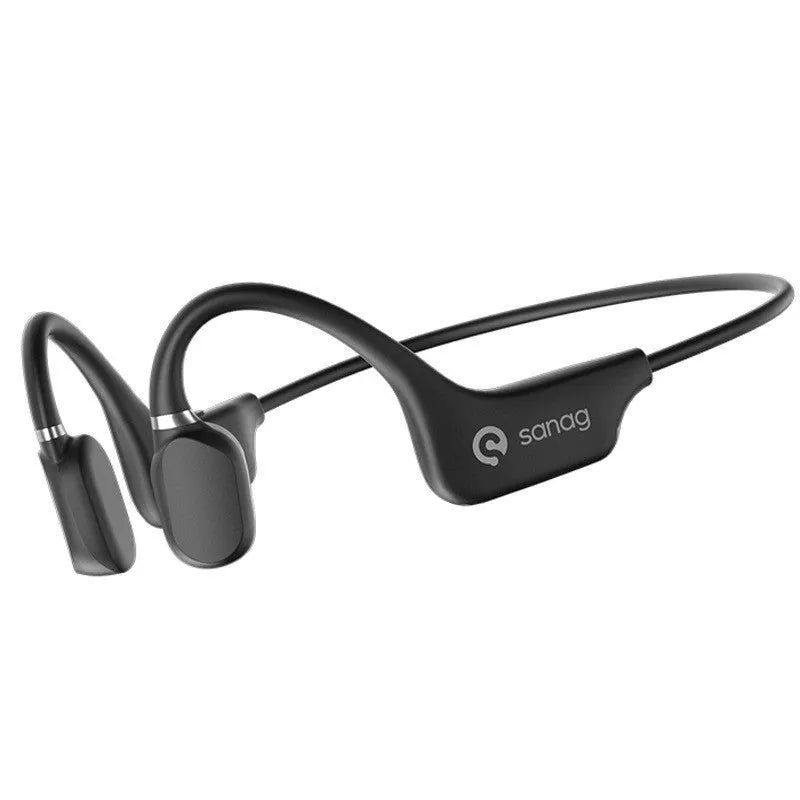 Bone conduction Bluetooth sports headphones with a neckband, shown in multiple colours including red and blue.