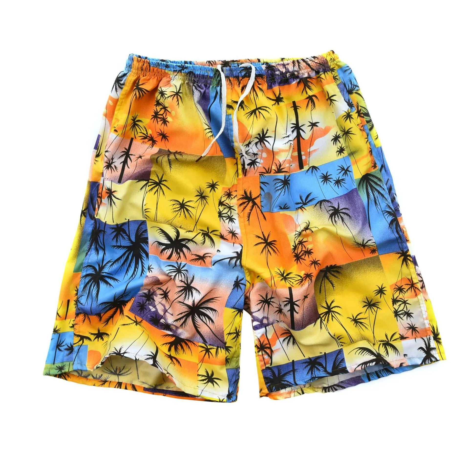 Men's floral print five-point swimming trunks in polyester, showing one of 24 available colour patterns.