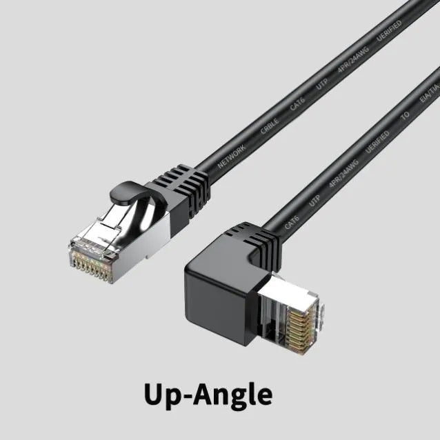 Cat6 Ethernet cable with right-angle RJ45 connector in various colours and lengths