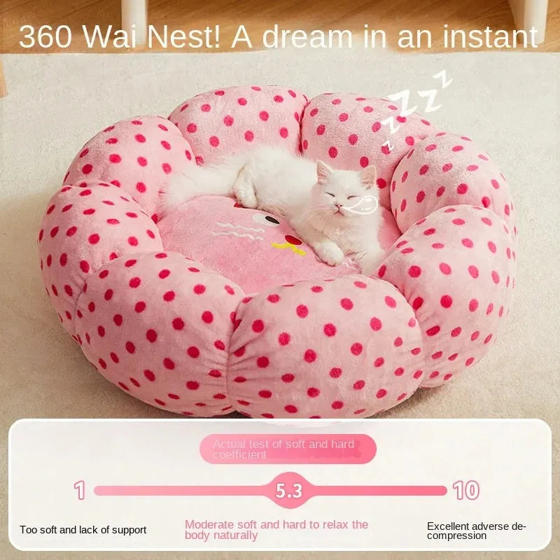 Pink fabric circular cat princess bed shown in two sizes: 45cm and 65cm diameter.