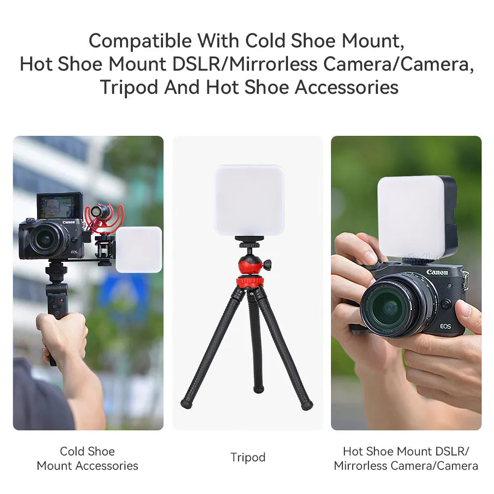Universal LED mini square camera flash with rotatable head on a tripod stand.
