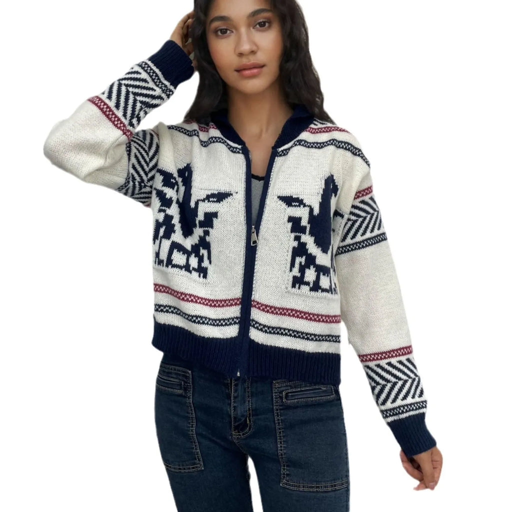White women's zip cardigan with black contrast stripe jacquard pattern and lapel collar