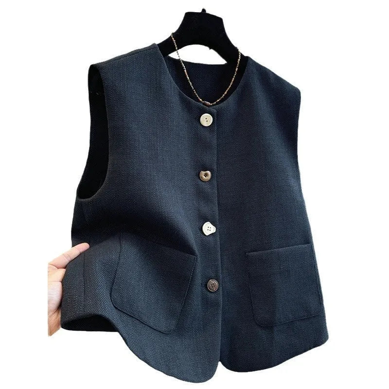 Women's French style bandage vest in milky white polyester with round neck and sleeveless design