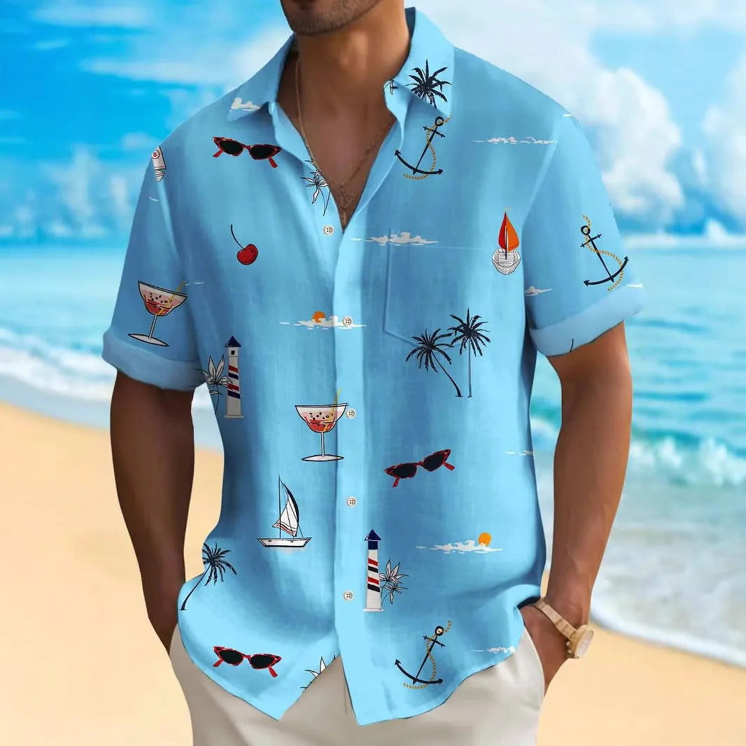 Man wearing a loose fit short sleeve Hawaiian shirt with a colourful digital print pattern.