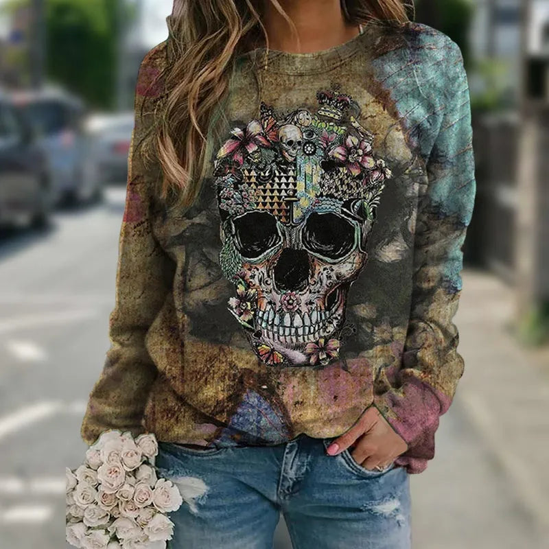 Black long sleeve sweatshirt with a detailed skull print design on the front.