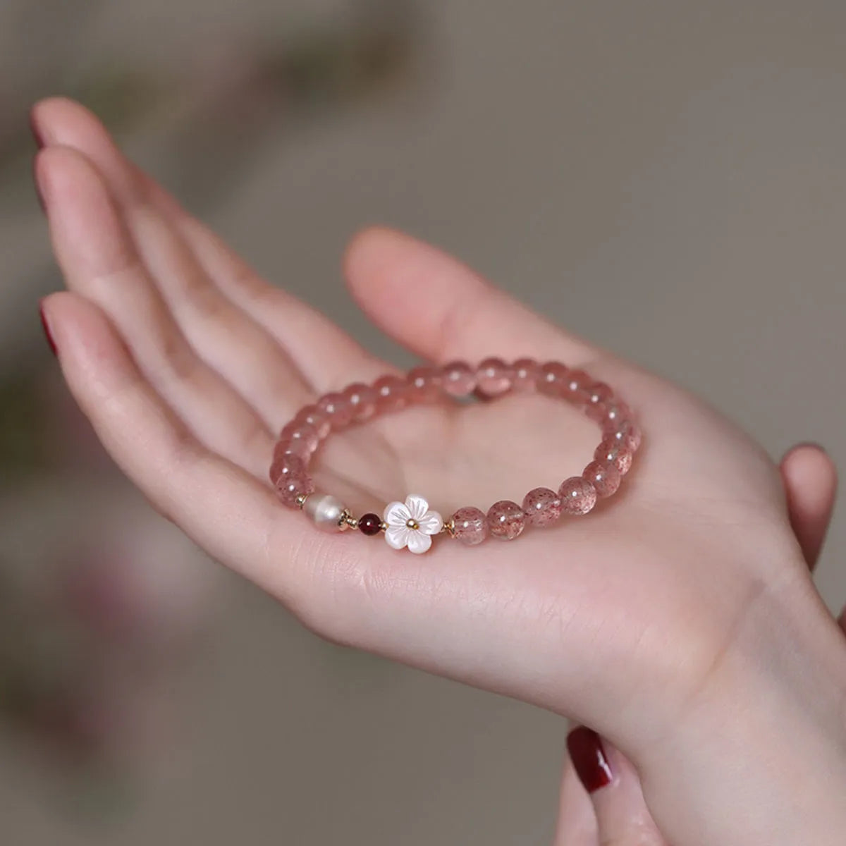 Strawberry quartz peach blossom bracelet with crystal flower design for women