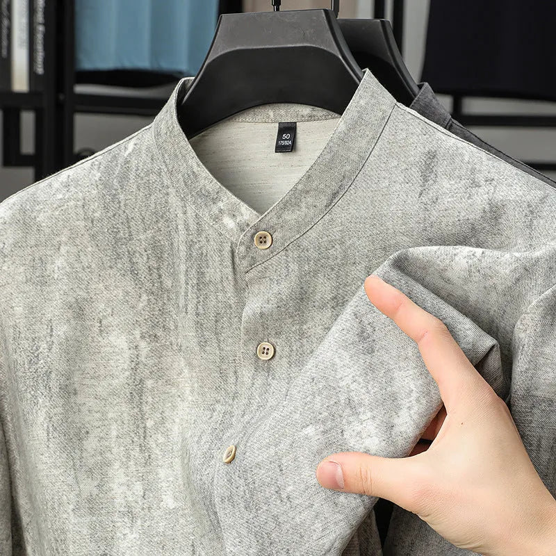 Men's loose linen cardigan shirt with stand collar in chemical fibre blend fabric