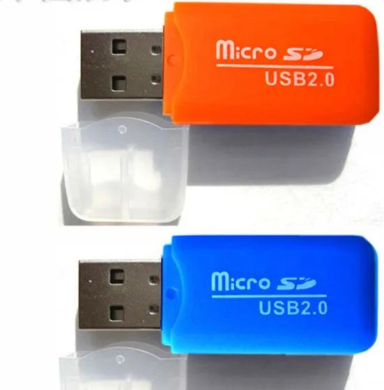 Mini USB TF and SD memory card reader on a white background