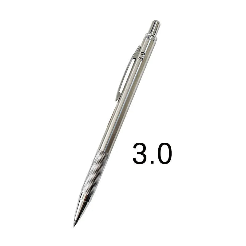 A metal mechanical pencil for drafting and writing with multiple lead size options.