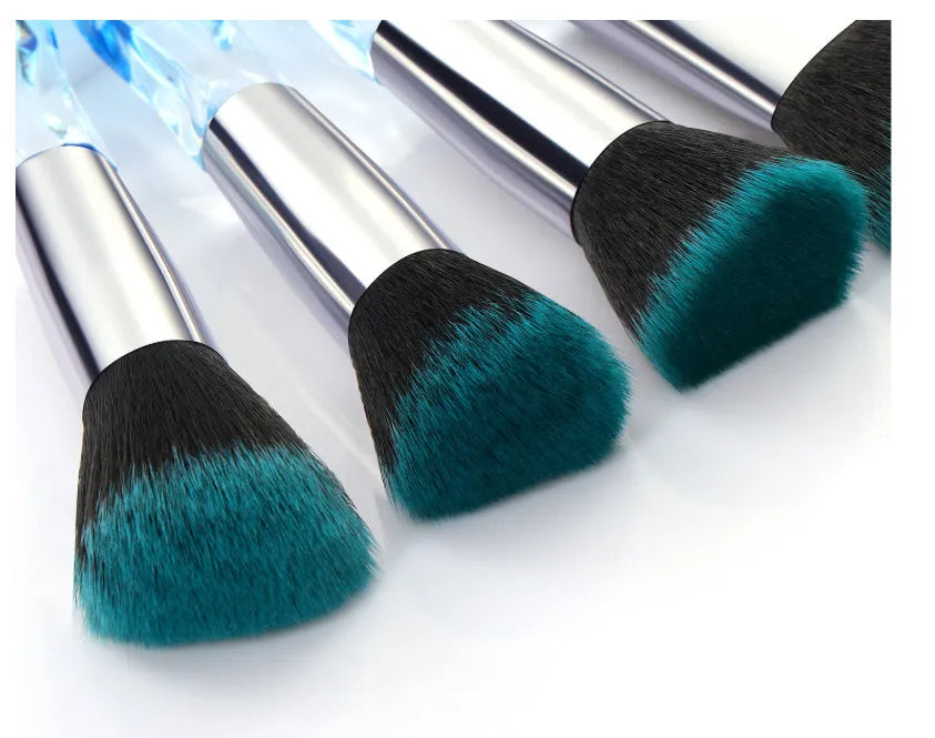 Set of 10 clear crystal diamond foundation brushes with synthetic bristles in a choice of handle colours.