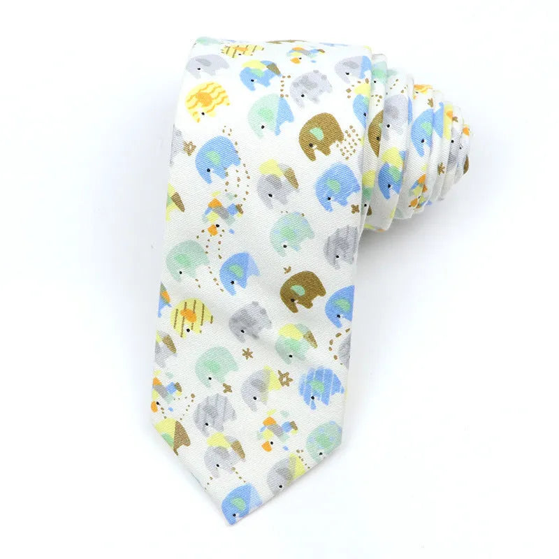 Men's narrow cotton bow tie in a cartoon print with an adjustable knot, shown in a selection of colours.