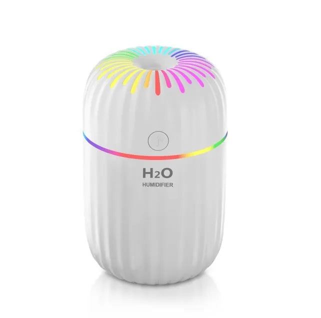 Compact white USB mini humidifier with 300ml water tank on desk beside laptop