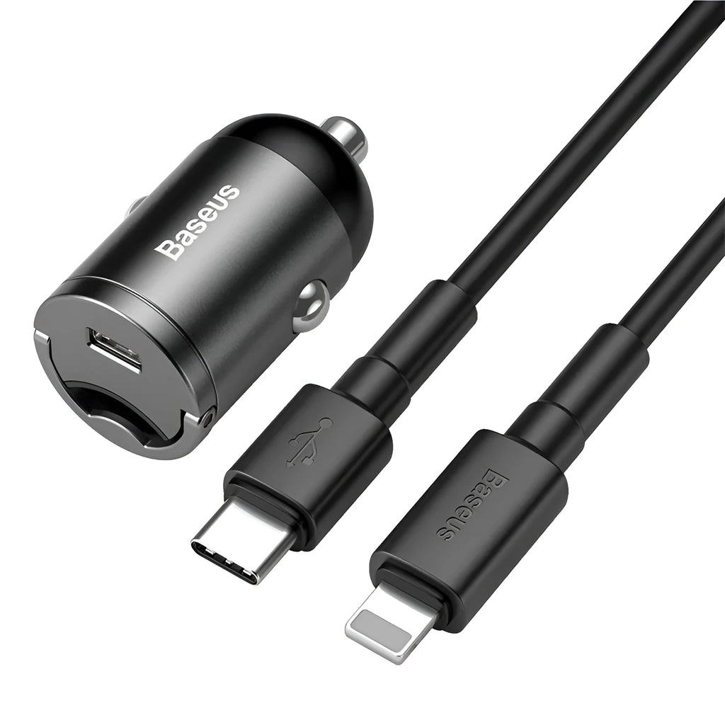 Baseus electro-optical grey mini car charger with single USB port and 1 metre cable