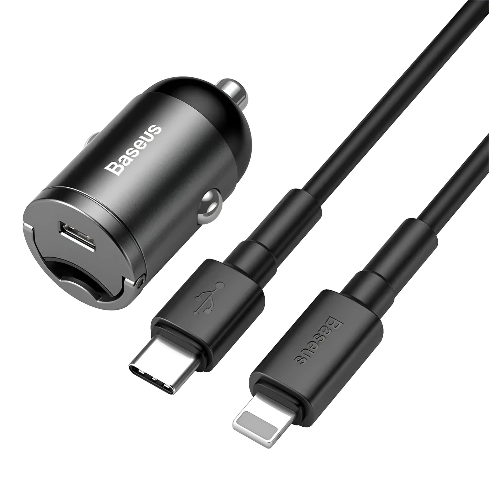 Baseus electro-optical grey mini car charger with single USB port and 1 metre cable