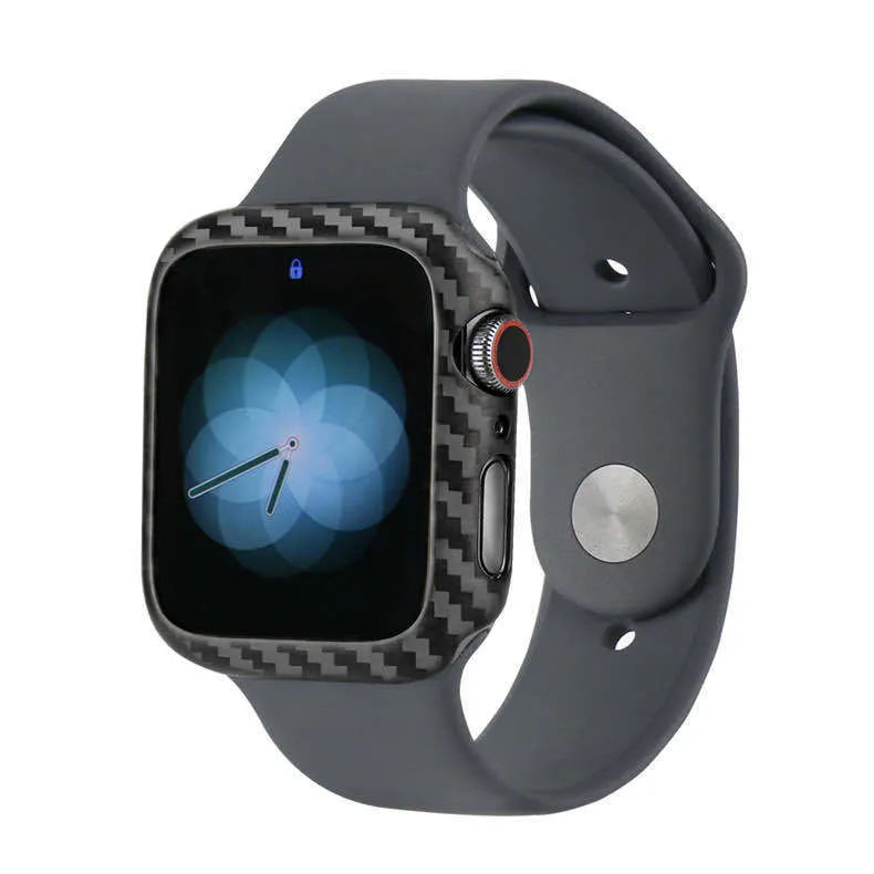 Ultra-thin carbon fibre and leather half wrap case for a 44mm Apple Watch Series 4.