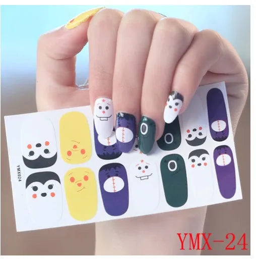 Full nail stickers set of 14 sheets showing 16 colour options in a flat lay arrangement