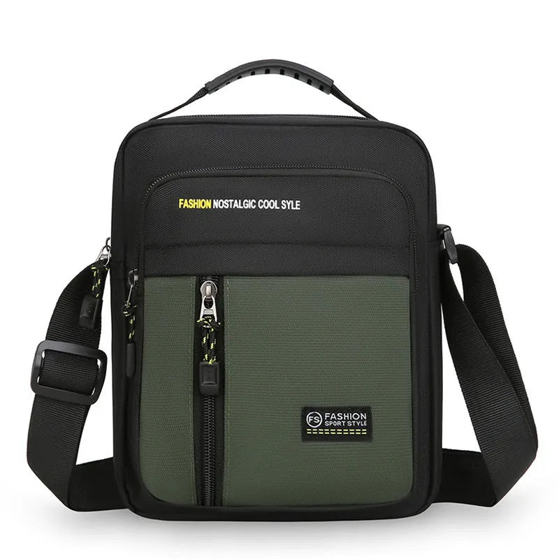 Men's casual nylon crossbody messenger bag in green, shown from the front with sewing thread detail.